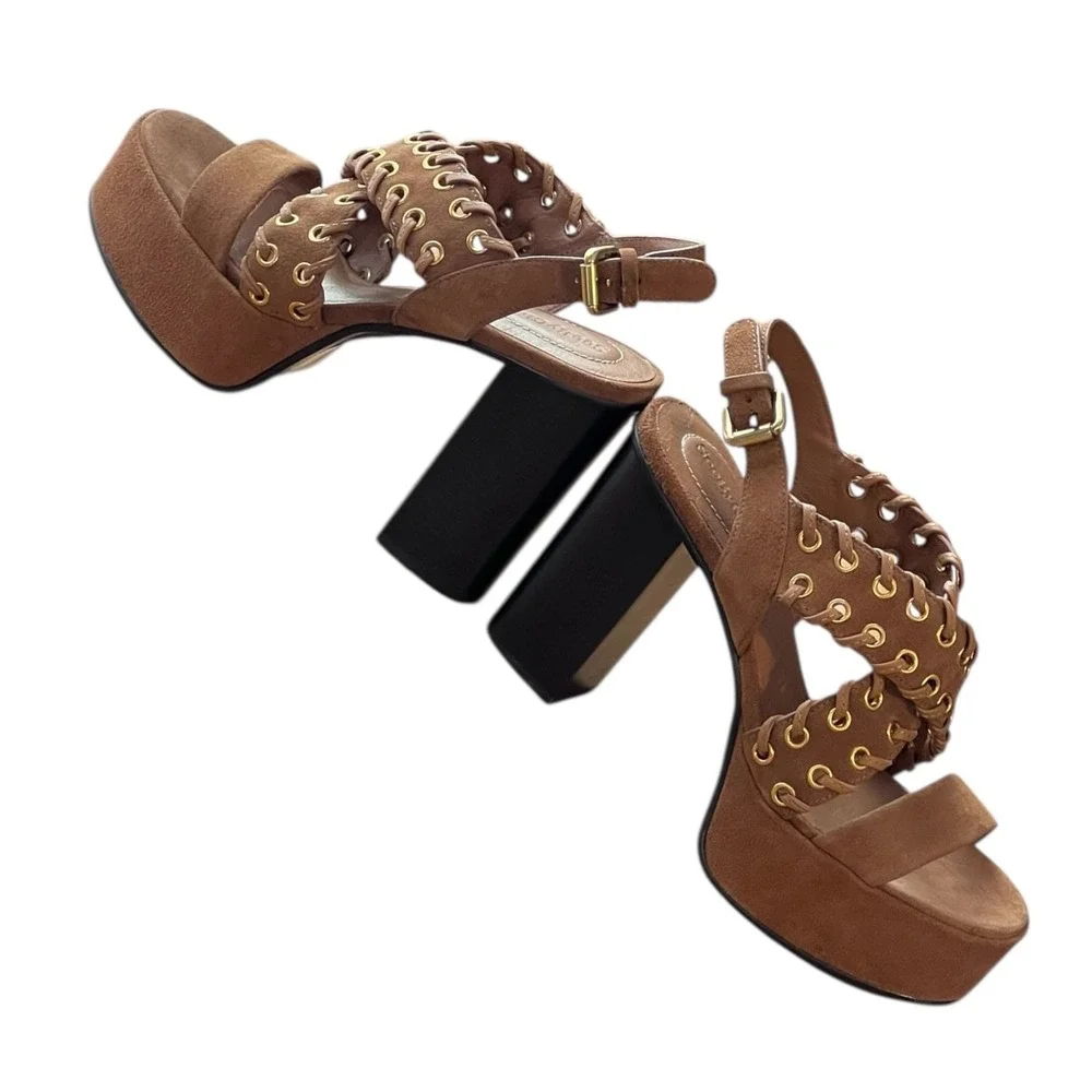See By Chloé NWOB Tan Suede Platform Sandals 38 Lace-Up Grommet Boho Designer